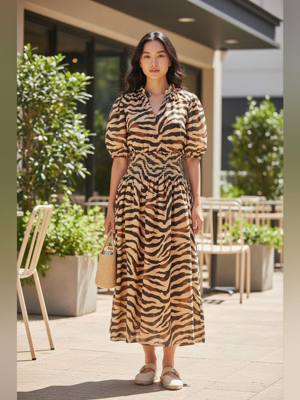 J. Crew Tan and Black Zebra-Print Puff Sleeve Smocked Cotton Voile Midi Dress S